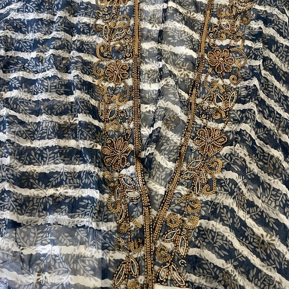 Soft Surroundings Sheer Navy Stripe Gold Beaded sequin cardigan top - Picture 5 of 8